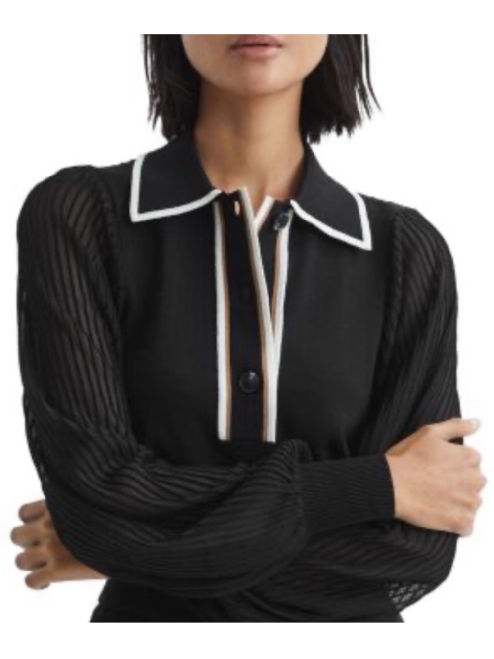 NEW Reiss Fran Black Button-Down Shirt with White Trim